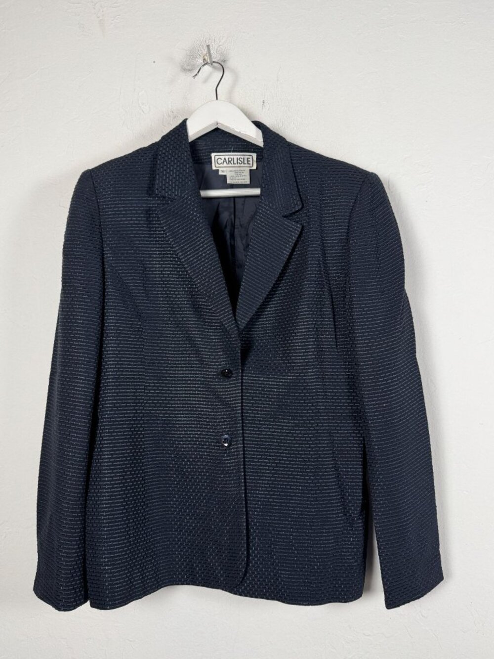 Vintage Carlisle Navy Textured Notch Collar Blazer Jacket Silk Blend Size 16